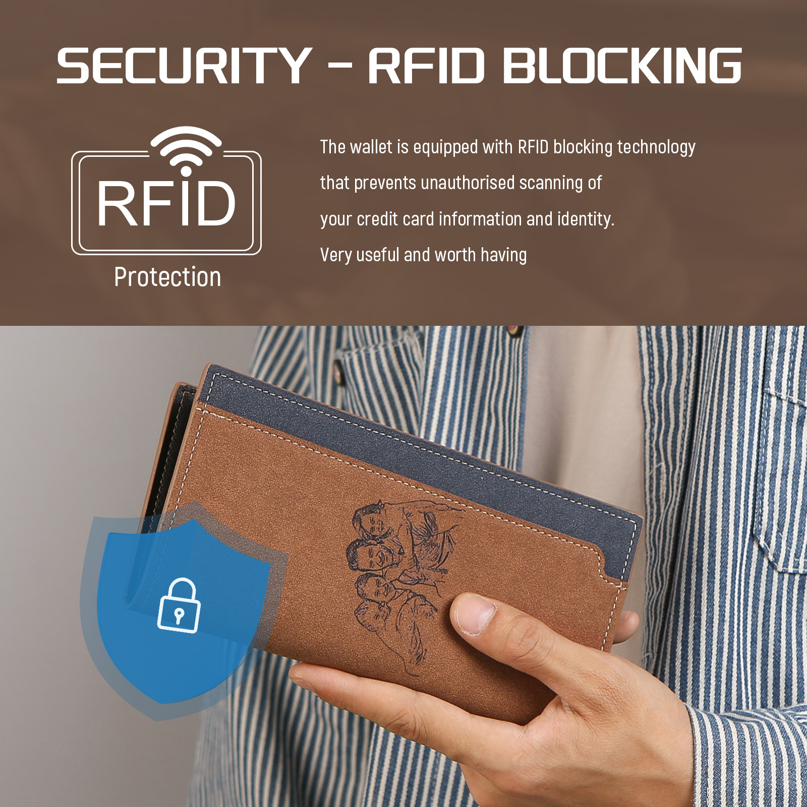 Personalisierte PU-Langgeldbörse für Herren mit RFID-Schutz und Foto-Gravur – Geschenk für Papa