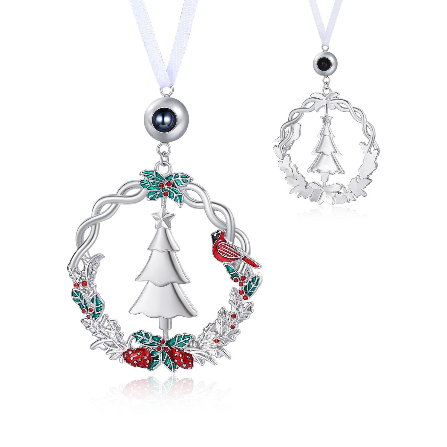 Personalisiertes Weihnachts‑Projektionsornament – Kranz mit Tannenbaum, Foto im Stein, Christbaumanhänger, Weihnachtsanhänger