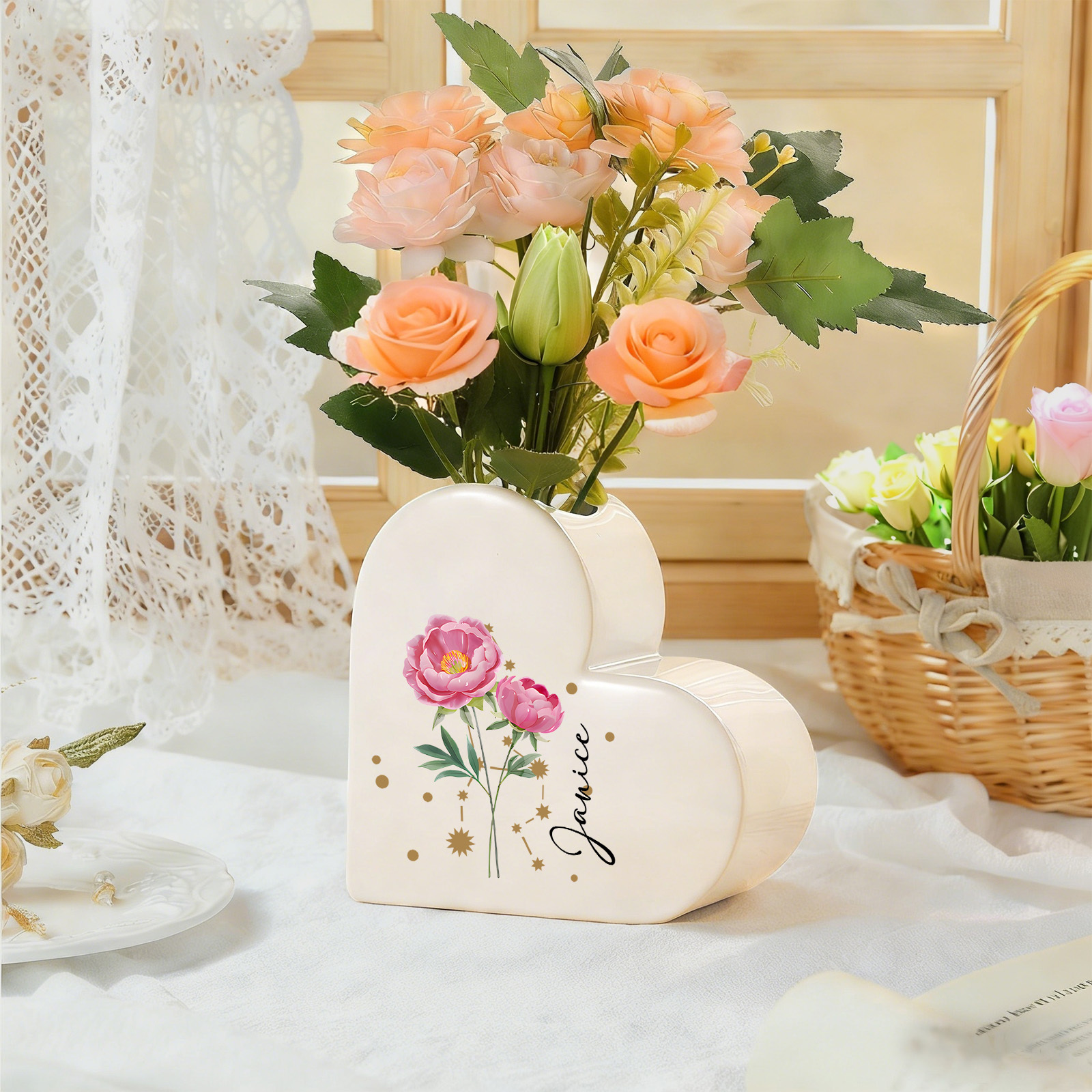 Personalisierte Herzvase aus Keramik mit Geburtsblumen und Sternzeichen, ideales Geburtstags- oder Hochzeitsgeschenk für sie, Mama oder Freundin | Kettenmachen