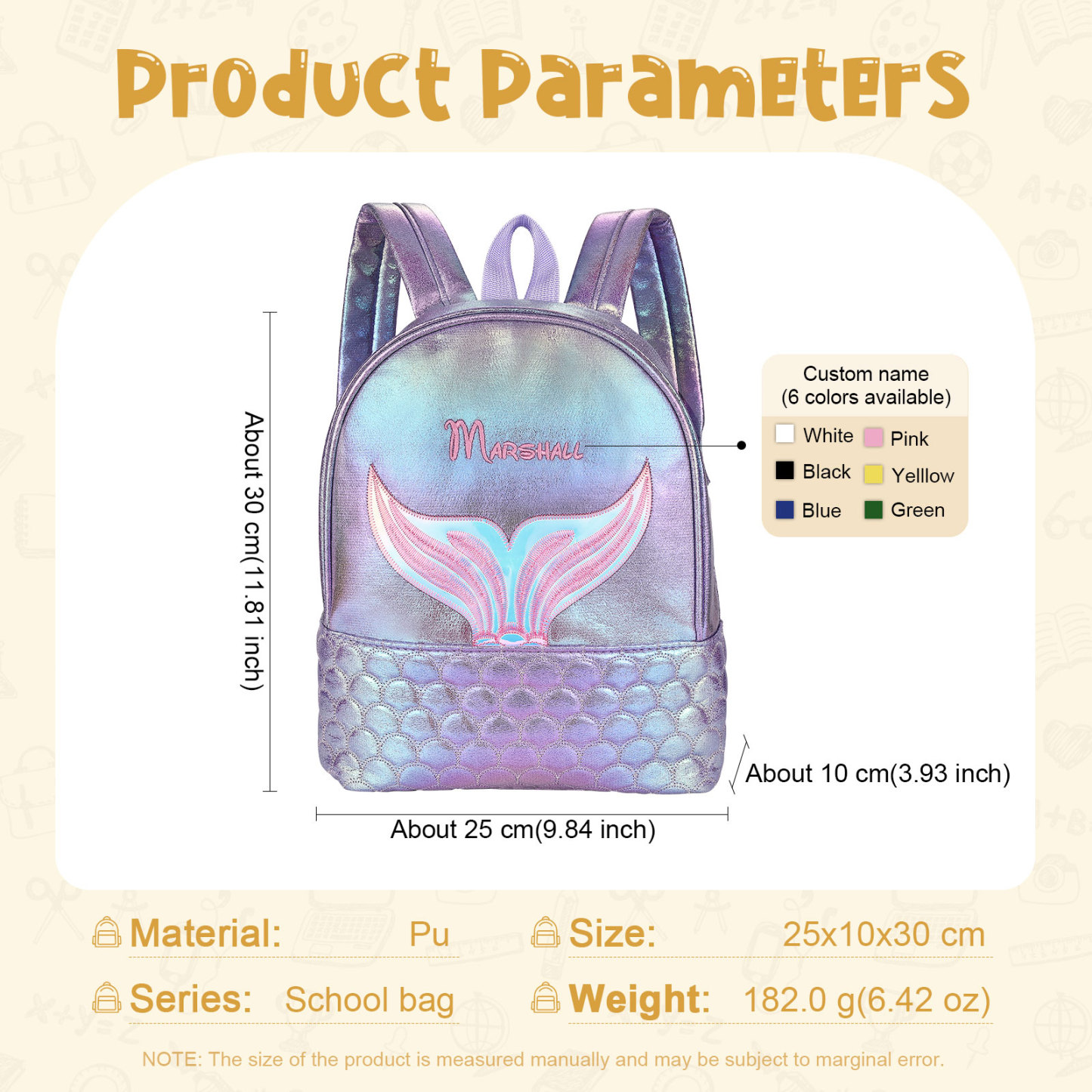 Personalisierter Name PU-Leder Rucksack - Schultasche mit Meerjungfrau-Motiv für Kinder