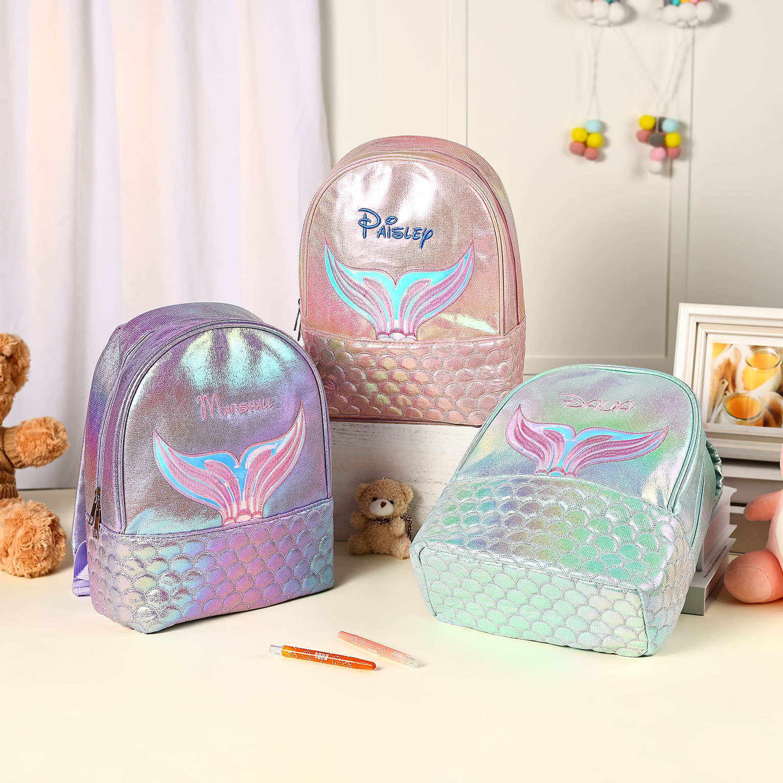 Personalisierter Name PU-Leder Rucksack - Schultasche mit Meerjungfrau-Motiv für Kinder