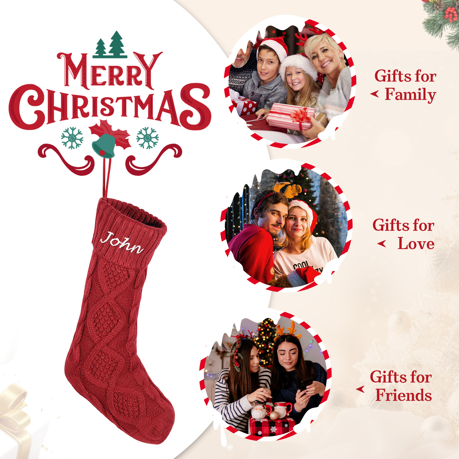 Weihnachtssocke-Personalisierter 1 Name Rot/ Grün/ Weiß Strickstoff Weihnachtsstrumpf – Sechs Namensfarben zur Auswahl