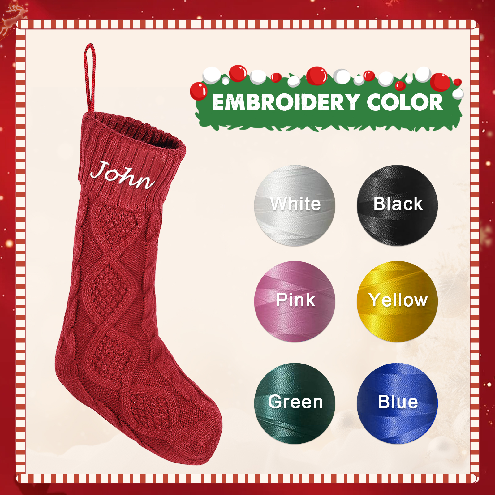 Weihnachtssocke-Personalisierter 1 Name Rot/ Grün/ Weiß Strickstoff Weihnachtsstrumpf – Sechs Namensfarben zur Auswahl