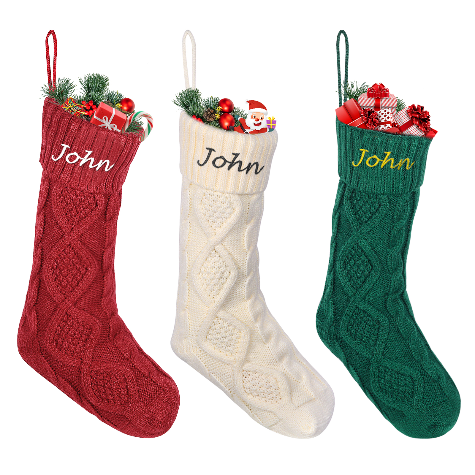 Weihnachtssocke-Personalisierter 1 Name Rot/ Grün/ Weiß Strickstoff Weihnachtsstrumpf – Sechs Namensfarben zur Auswahl