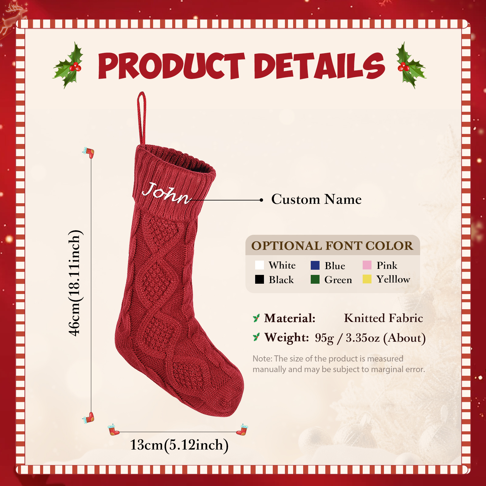Weihnachtssocke-Personalisierter 1 Name Rot/ Grün/ Weiß Strickstoff Weihnachtsstrumpf – Sechs Namensfarben zur Auswahl
