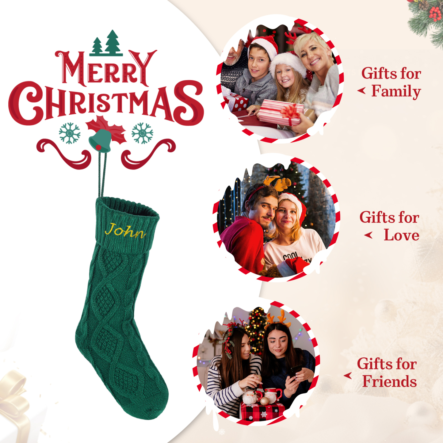 Weihnachtssocke-Personalisierter 1 Name Rot/ Grün/ Weiß Strickstoff Weihnachtsstrumpf – Sechs Namensfarben zur Auswahl