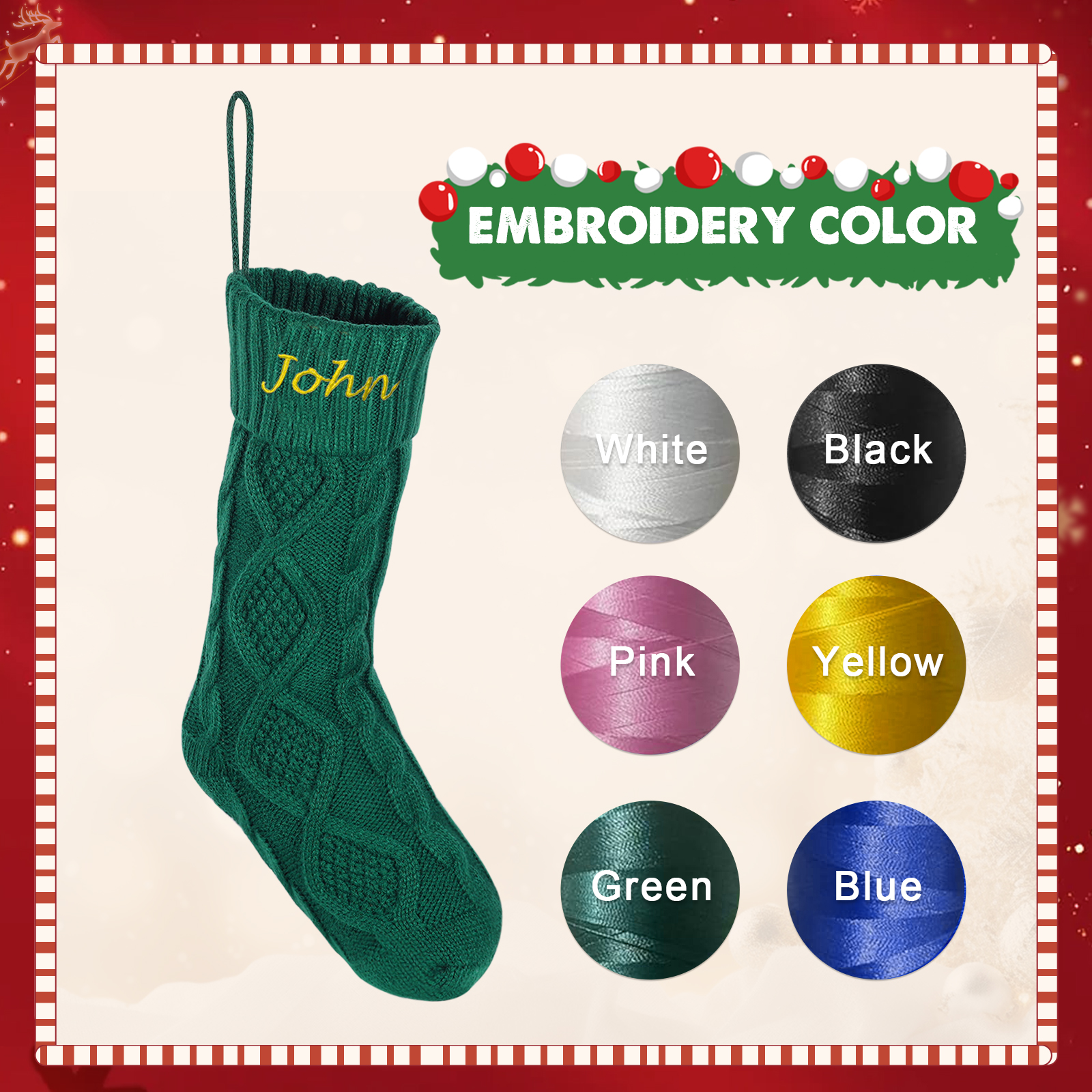 Weihnachtssocke-Personalisierter 1 Name Rot/ Grün/ Weiß Strickstoff Weihnachtsstrumpf – Sechs Namensfarben zur Auswahl
