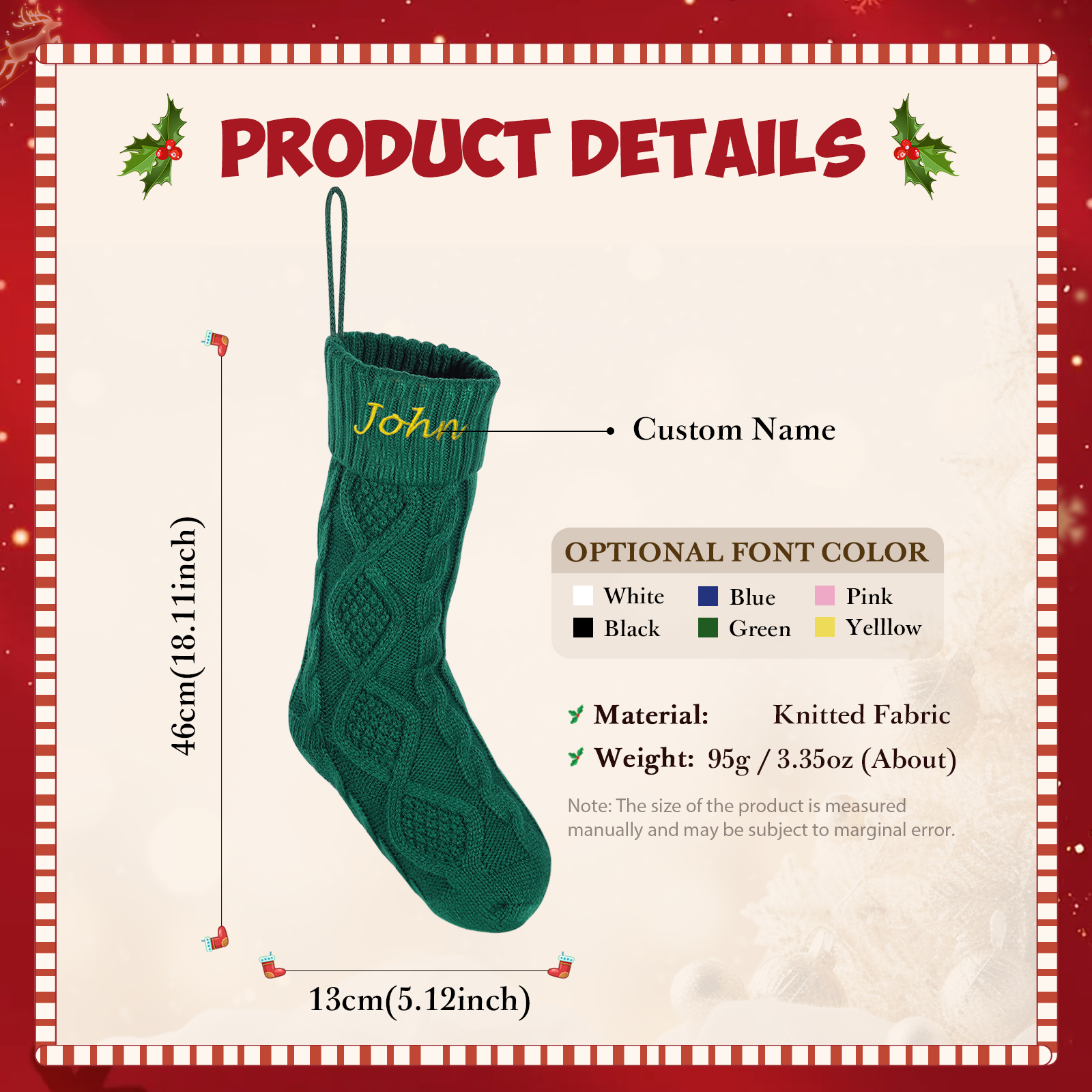 Weihnachtssocke-Personalisierter 1 Name Rot/ Grün/ Weiß Strickstoff Weihnachtsstrumpf – Sechs Namensfarben zur Auswahl