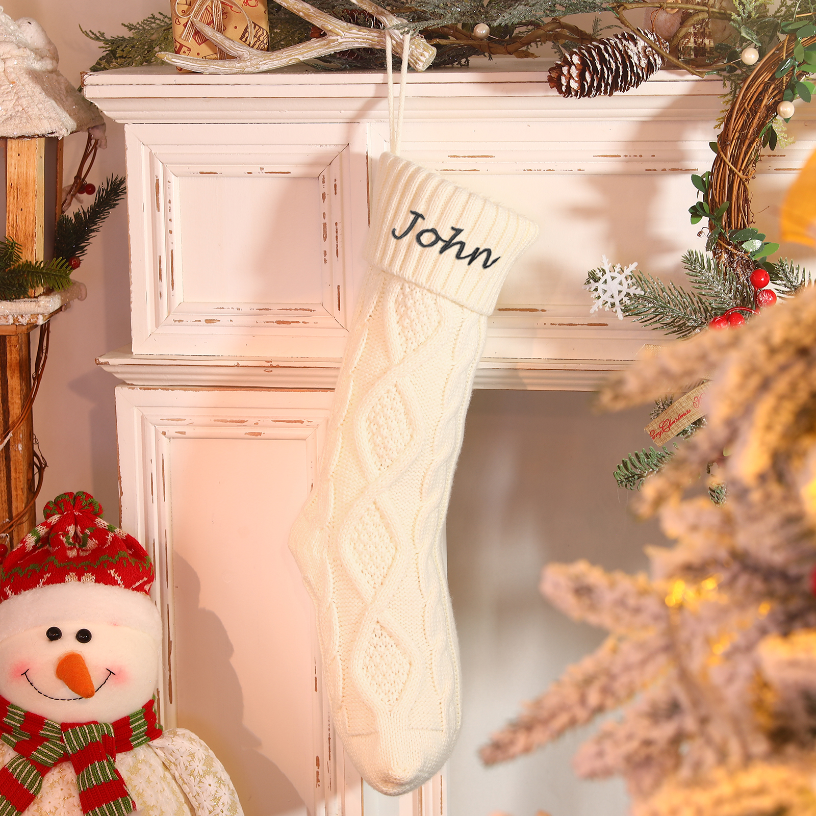 Weihnachtssocke-Personalisierter 1 Name Rot/ Grün/ Weiß Strickstoff Weihnachtsstrumpf – Sechs Namensfarben zur Auswahl