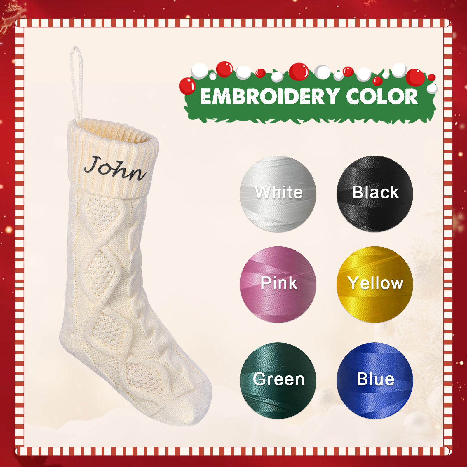 Weihnachtssocke-Personalisierter 1 Name Rot/ Grün/ Weiß Strickstoff Weihnachtsstrumpf – Sechs Namensfarben zur Auswahl