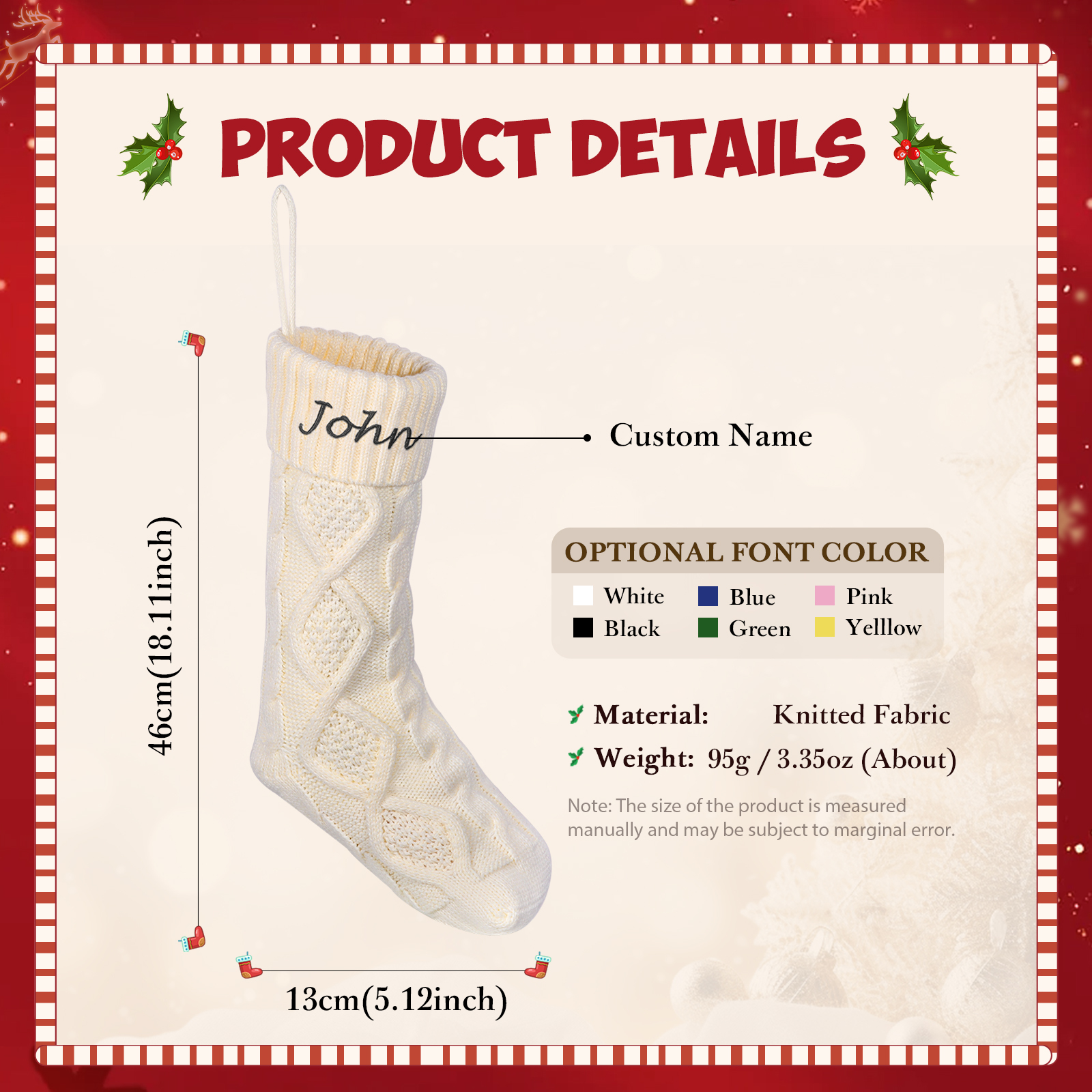 Weihnachtssocke-Personalisierter 1 Name Rot/ Grün/ Weiß Strickstoff Weihnachtsstrumpf – Sechs Namensfarben zur Auswahl