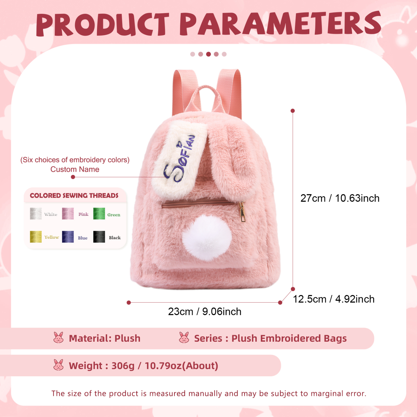 Personalisierter Name Plüsch-Stickerei Rucksack - Schultasche mit Kaninchen und Schweif-Motiv für Kinder