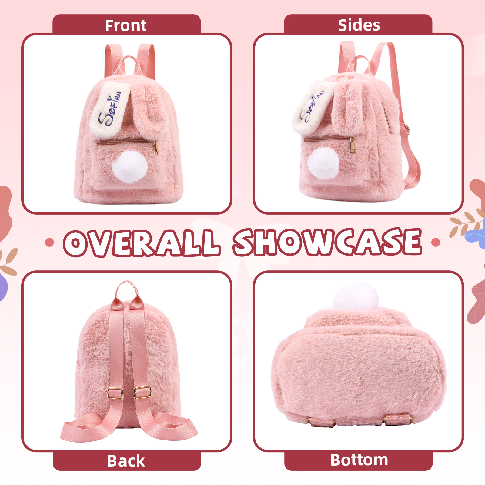 Personalisierter Name Plüsch-Stickerei Rucksack - Schultasche mit Kaninchen und Schweif-Motiv für Kinder