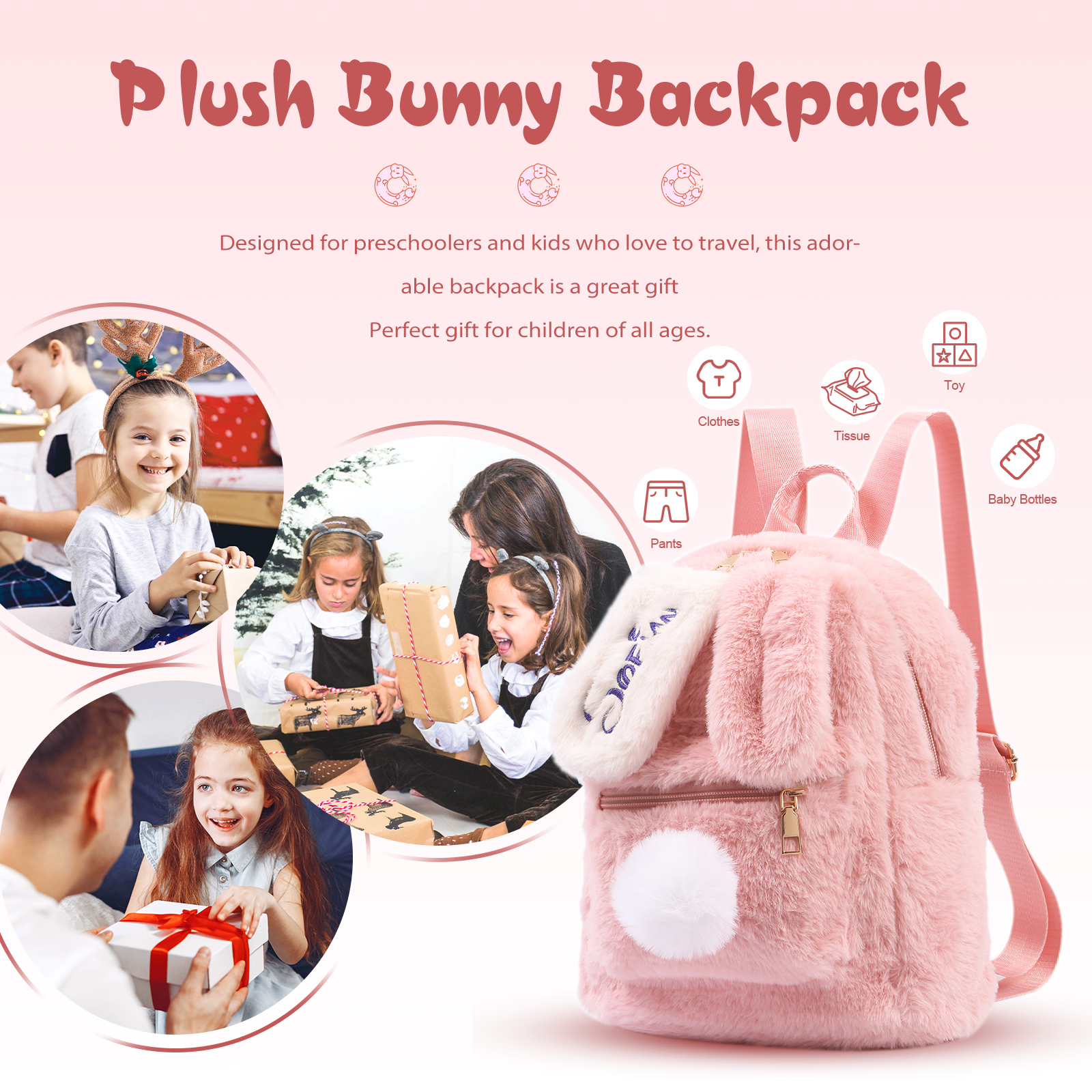 Personalisierter Name Plüsch-Stickerei Rucksack - Schultasche mit Kaninchen und Schweif-Motiv für Kinder