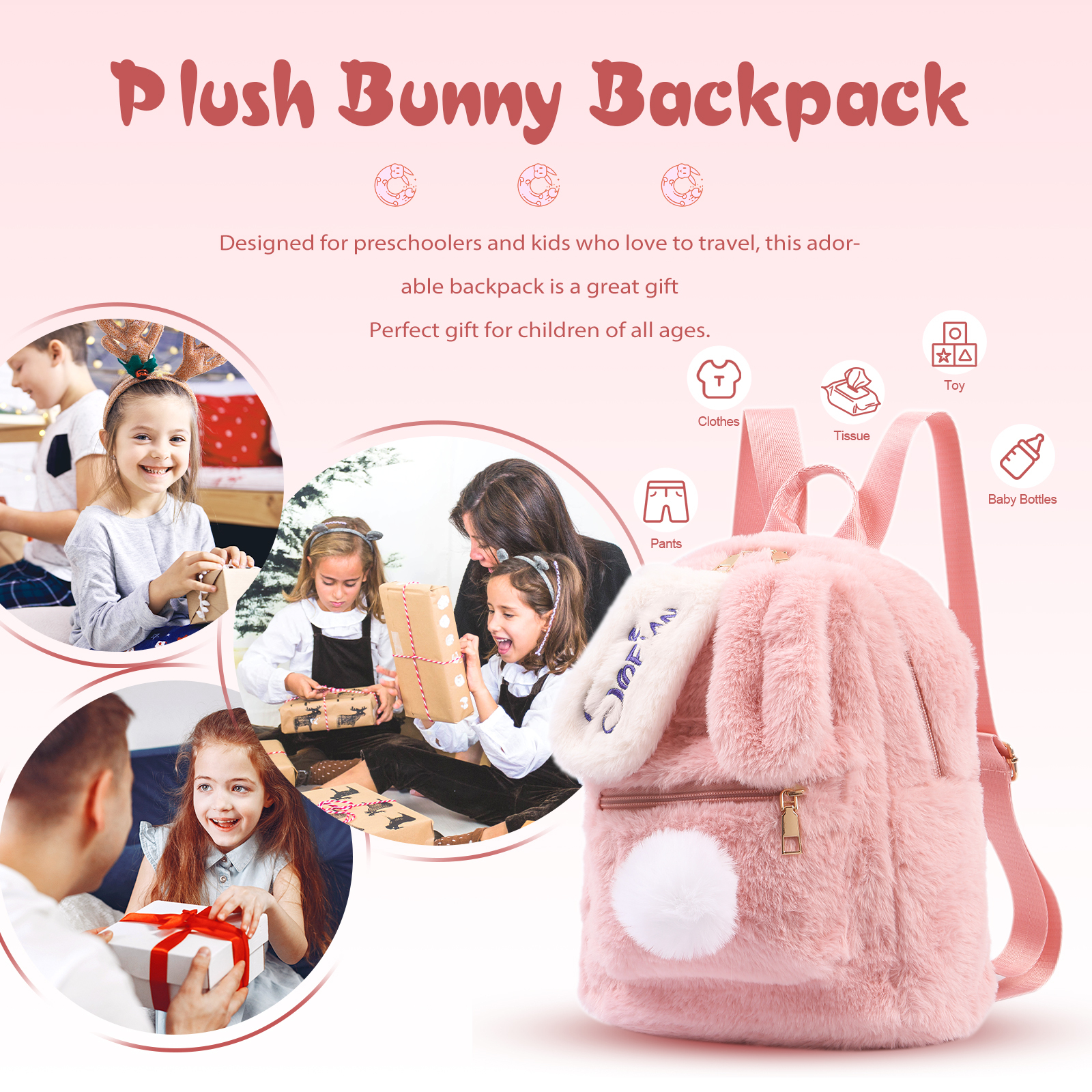 Personalisierter Name Plüsch-Stickerei Rucksack - Schultasche mit Kaninchen und Schweif-Motiv für Kinder