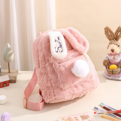 Personalisierter Name Plüsch-Stickerei Rucksack - Schultasche mit Kaninchen und Schweif-Motiv für Kinder