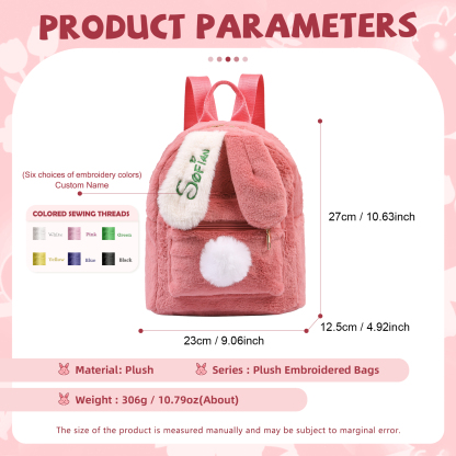 Personalisierter Name Plüsch-Stickerei Rucksack - Schultasche mit Kaninchen und Schweif-Motiv für Kinder