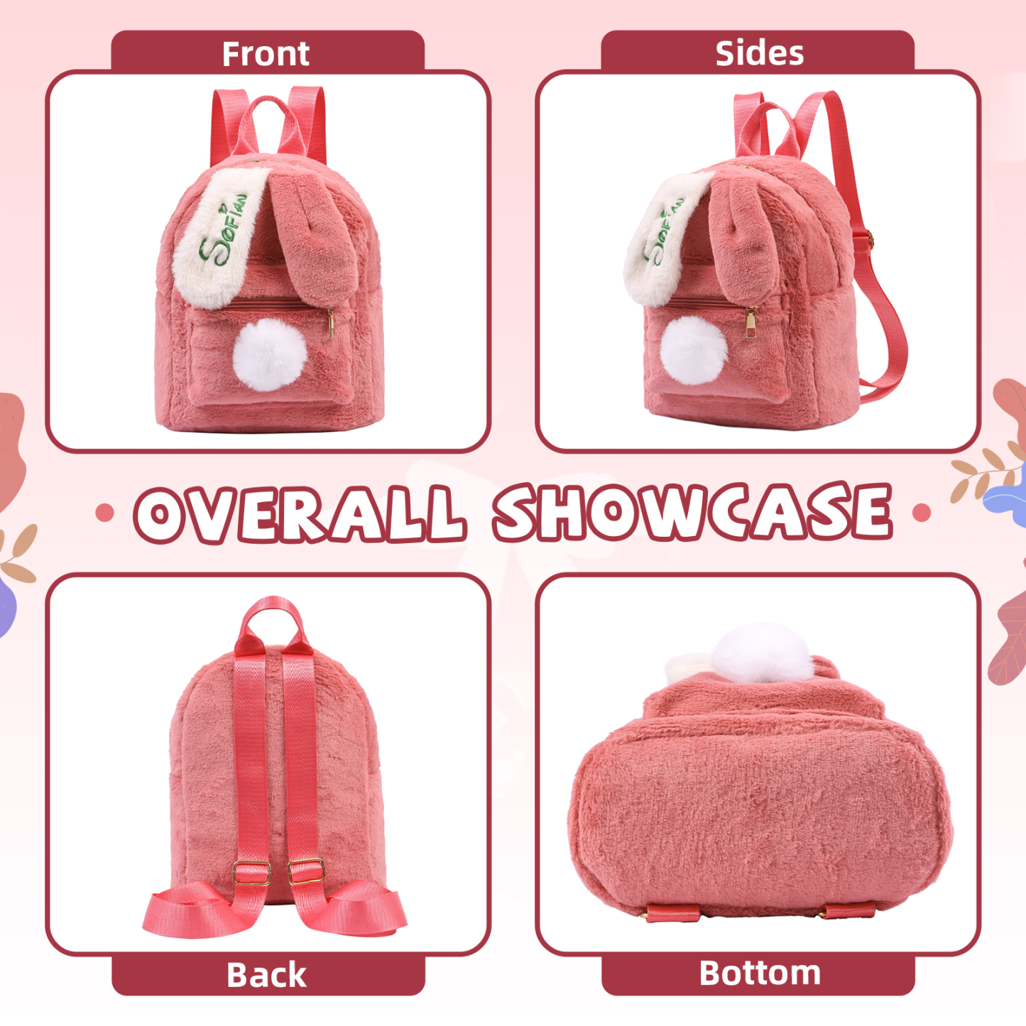 Personalisierter Name Plüsch-Stickerei Rucksack - Schultasche mit Kaninchen und Schweif-Motiv für Kinder