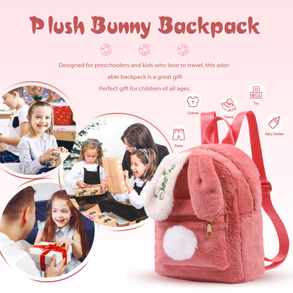 Personalisierter Name Plüsch-Stickerei Rucksack - Schultasche mit Kaninchen und Schweif-Motiv für Kinder