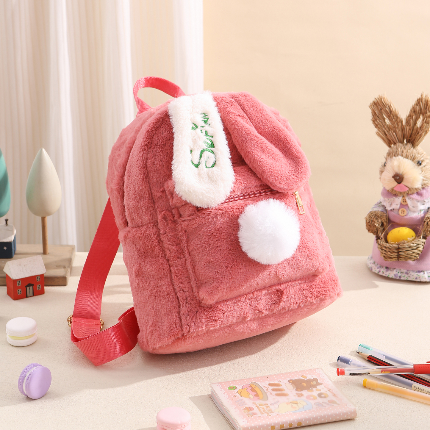 Personalisierter Name Plüsch-Stickerei Rucksack - Schultasche mit Kaninchen und Schweif-Motiv für Kinder
