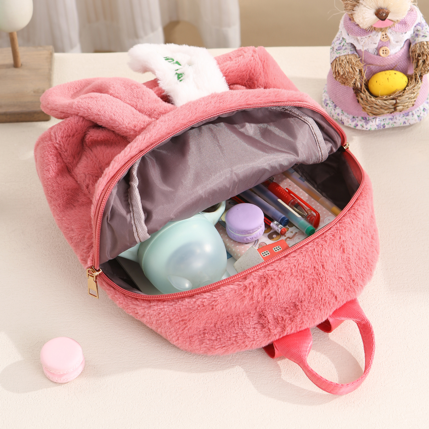 Personalisierter Name Plüsch-Stickerei Rucksack - Schultasche mit Kaninchen und Schweif-Motiv für Kinder