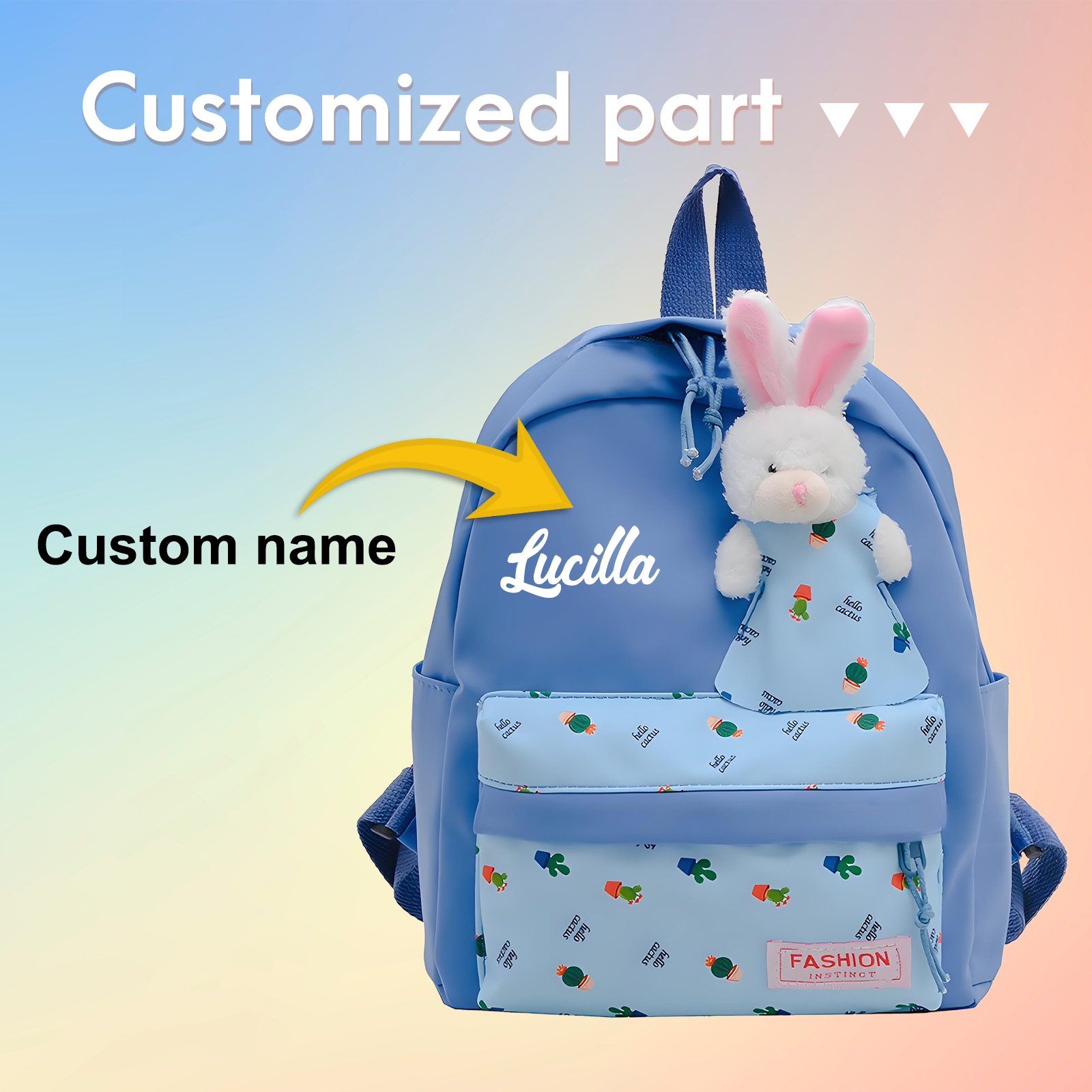 Personalisierte Name & Stempelfarbe Rucksack Schüler Schultasche in 5 Farbe mit Kaninchen