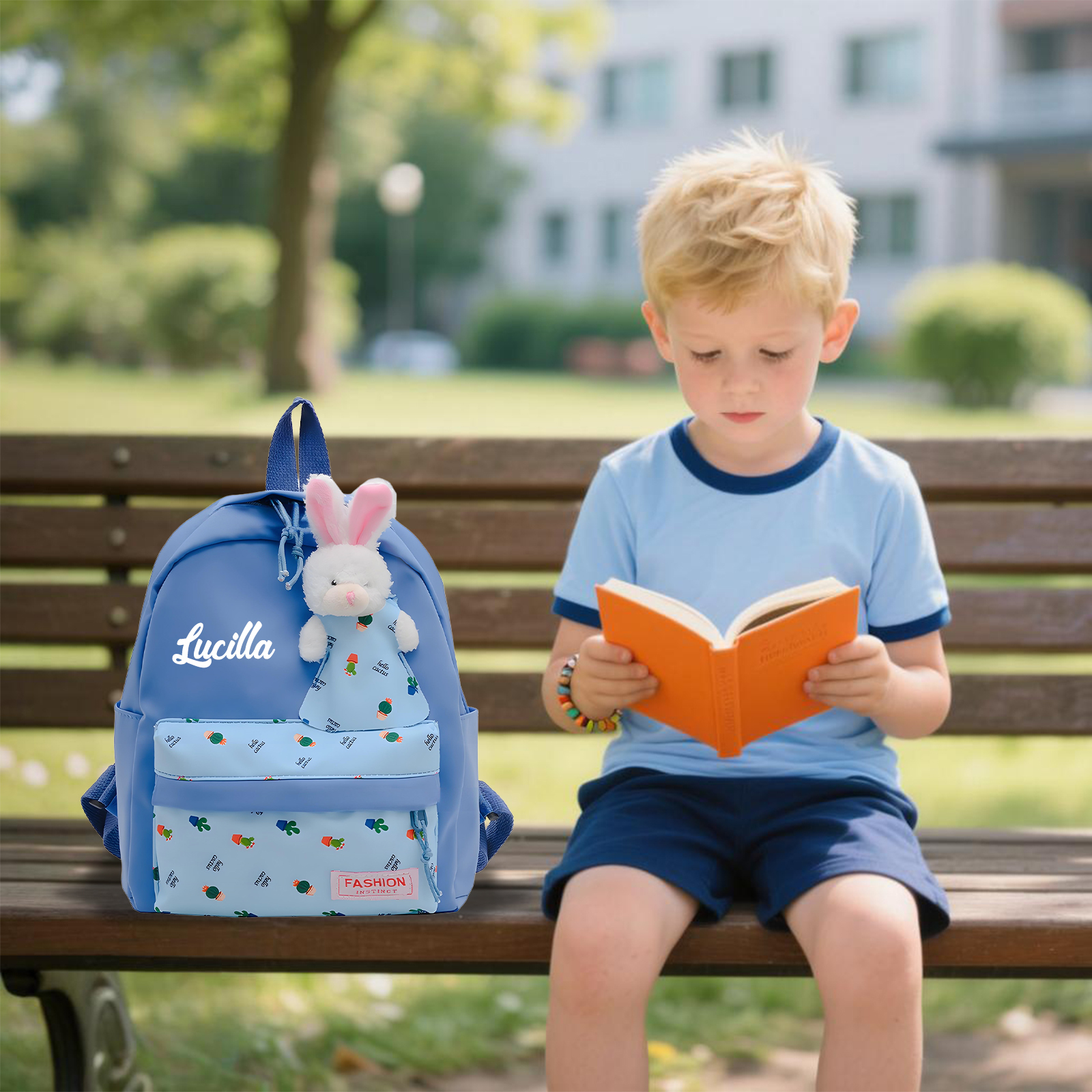 Personalisierte Name & Stempelfarbe Rucksack Schüler Schultasche in 5 Farbe mit Kaninchen