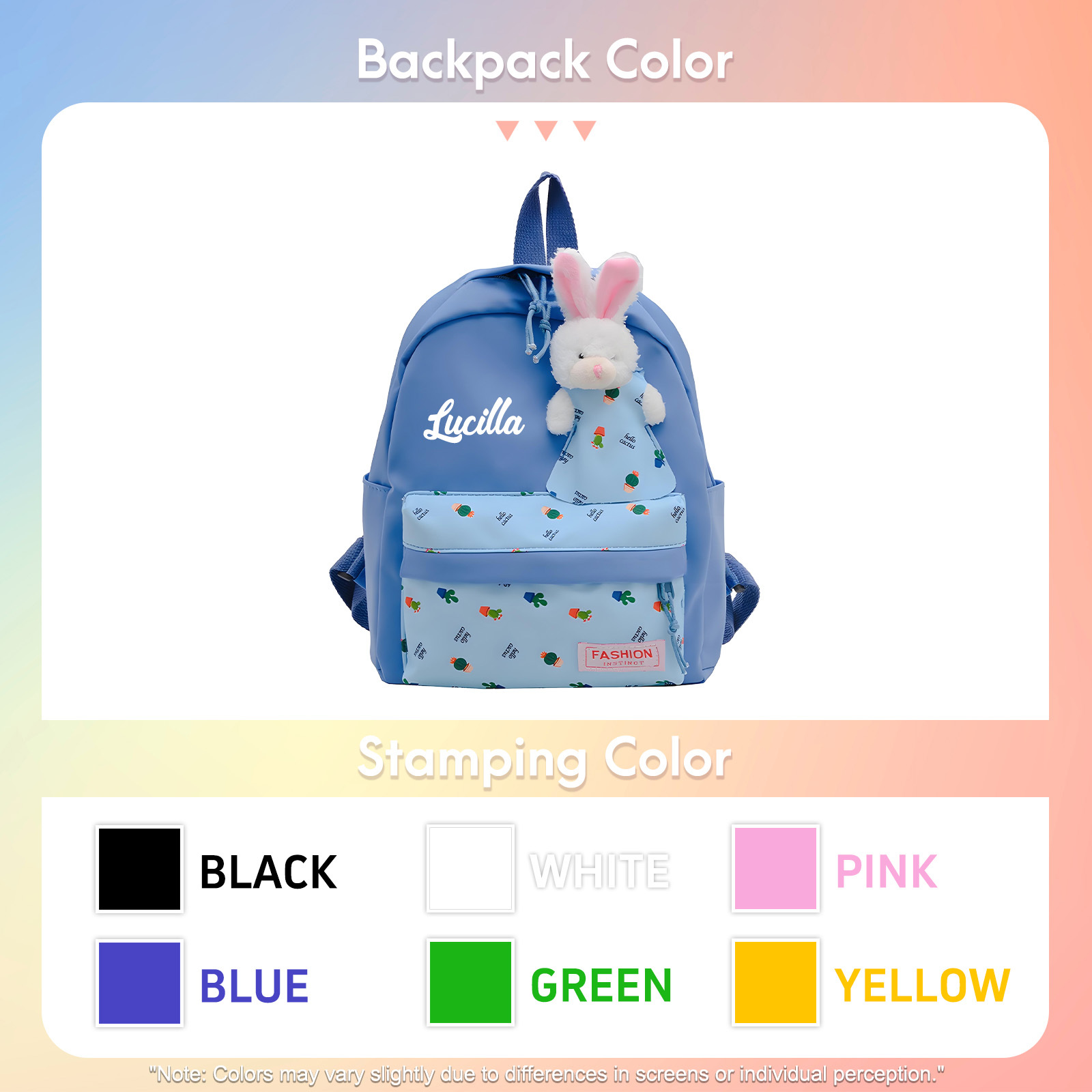 Personalisierte Name & Stempelfarbe Rucksack Schüler Schultasche in 5 Farbe mit Kaninchen