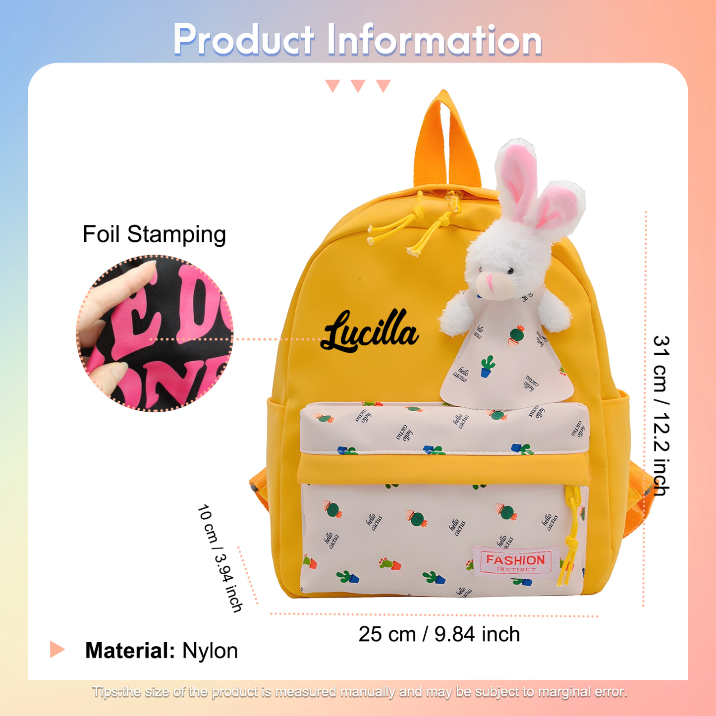 Personalisierte Name & Stempelfarbe Rucksack Schüler Schultasche in 5 Farbe mit Kaninchen