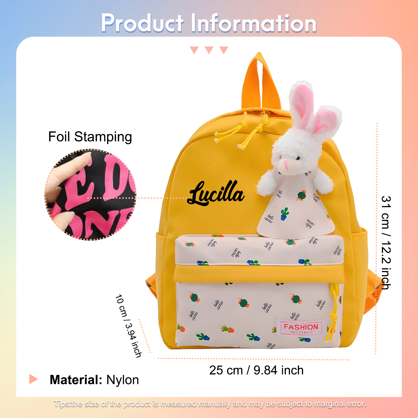 Personalisierte Name & Stempelfarbe Rucksack Schüler Schultasche in 5 Farbe mit Kaninchen