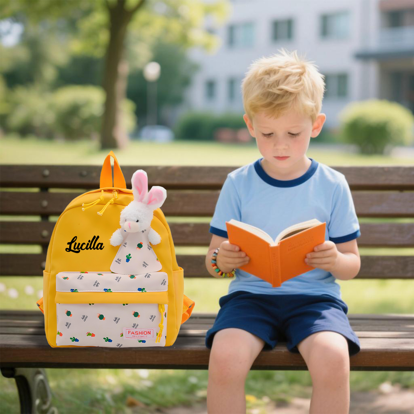 Personalisierte Name & Stempelfarbe Rucksack Schüler Schultasche in 5 Farbe mit Kaninchen