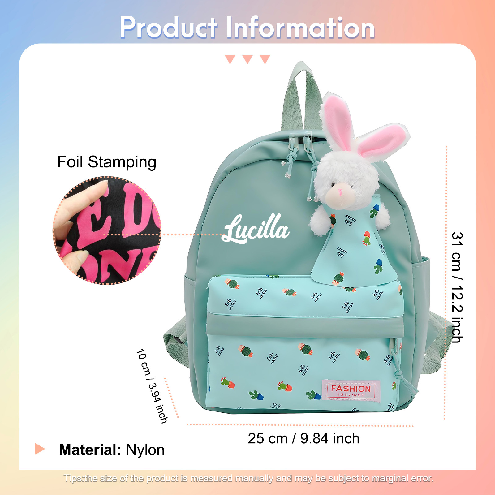 Personalisierte Name & Stempelfarbe Rucksack Schüler Schultasche in 5 Farbe mit Kaninchen