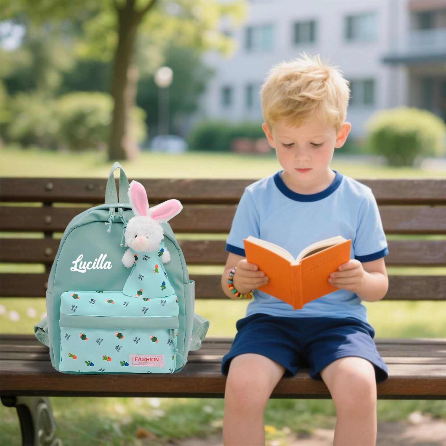 Personalisierte Name & Stempelfarbe Rucksack Schüler Schultasche in 5 Farbe mit Kaninchen