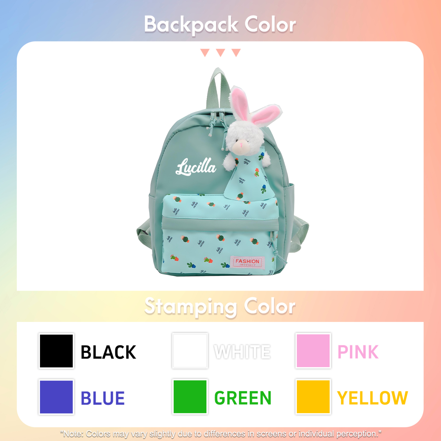 Personalisierte Name & Stempelfarbe Rucksack Schüler Schultasche in 5 Farbe mit Kaninchen