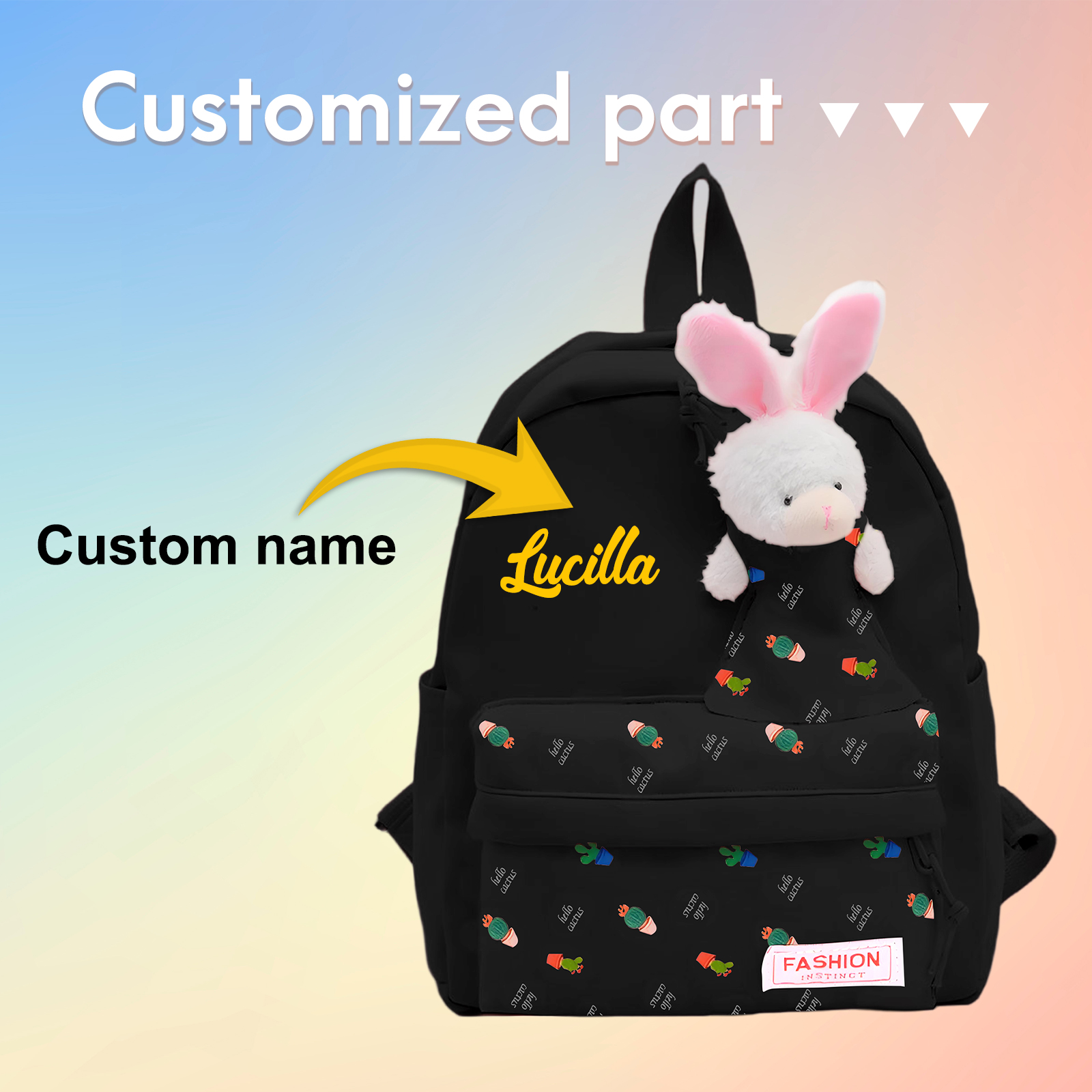 Personalisierte Name & Stempelfarbe Rucksack Schüler Schultasche in 5 Farbe mit Kaninchen