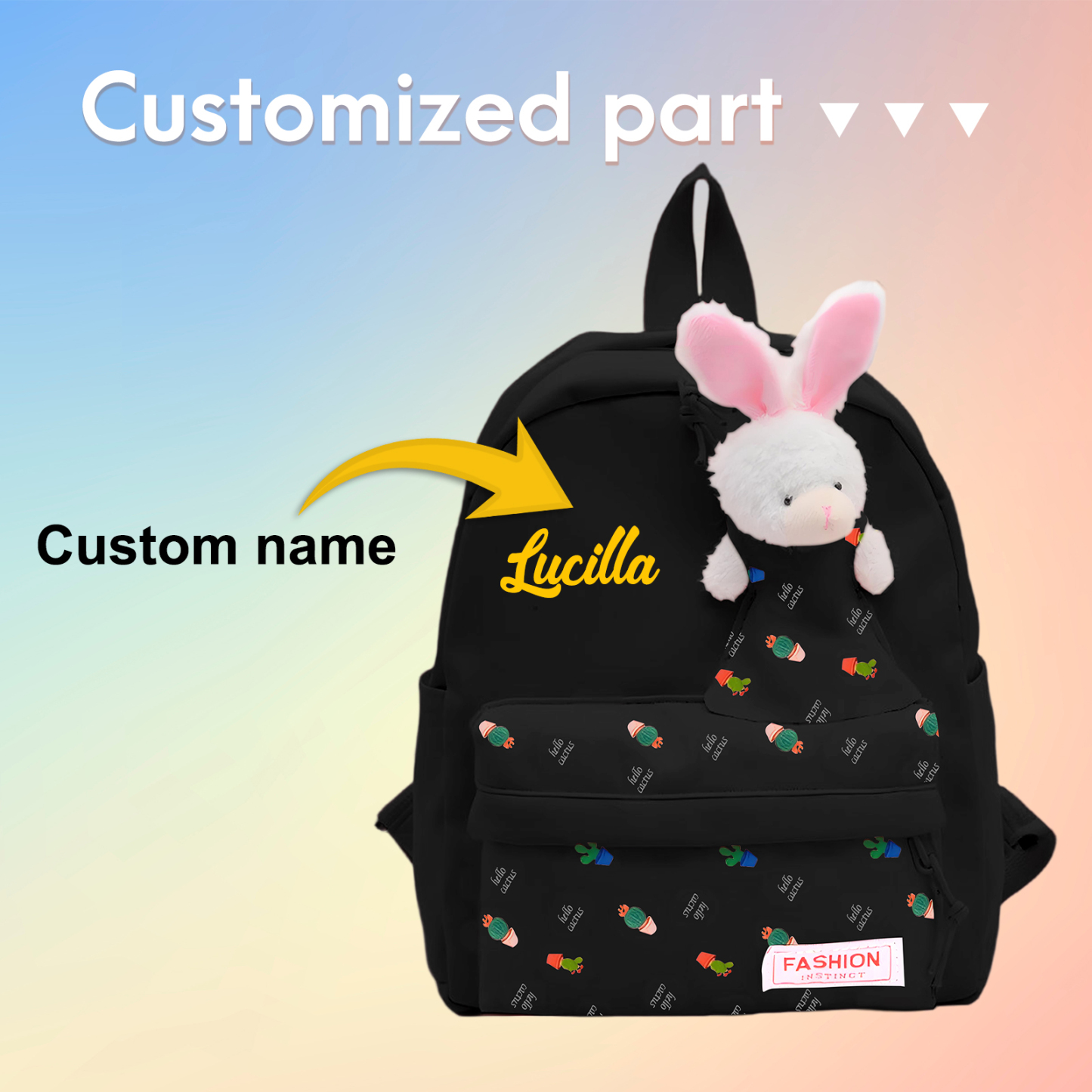 Personalisierte Name & Stempelfarbe Rucksack Schüler Schultasche in 5 Farbe mit Kaninchen