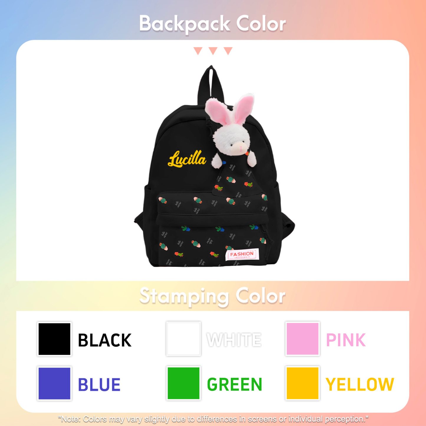Personalisierte Name & Stempelfarbe Rucksack Schüler Schultasche in 5 Farbe mit Kaninchen