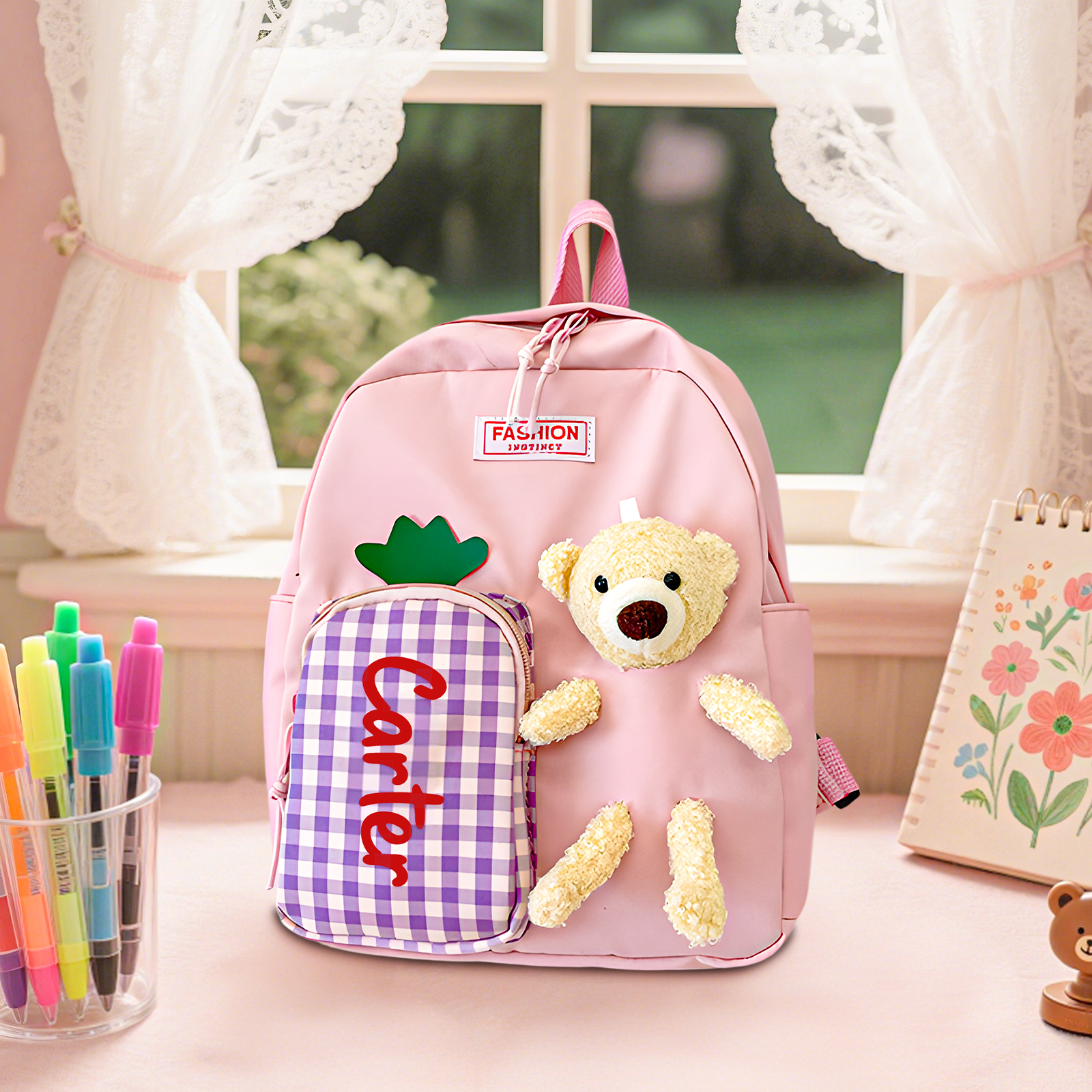 Personalisierte Name Rucksack Schüler Schultasche in 4 Farbe mit Bär