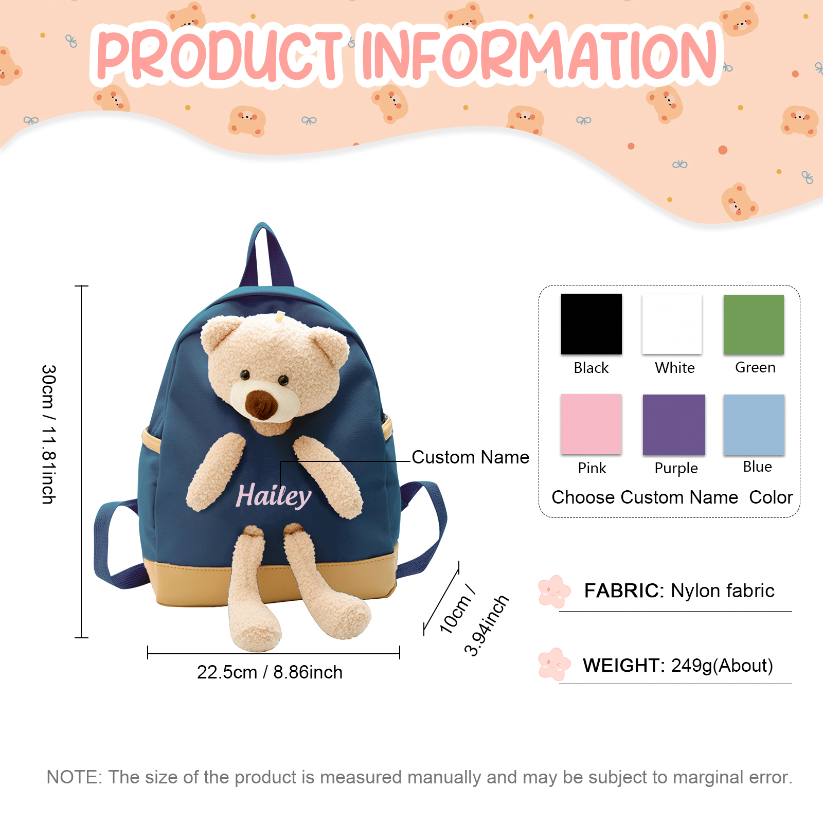 Personalisierte Name Rucksack Schüler Schultasche in 5 Farbe mit Bär