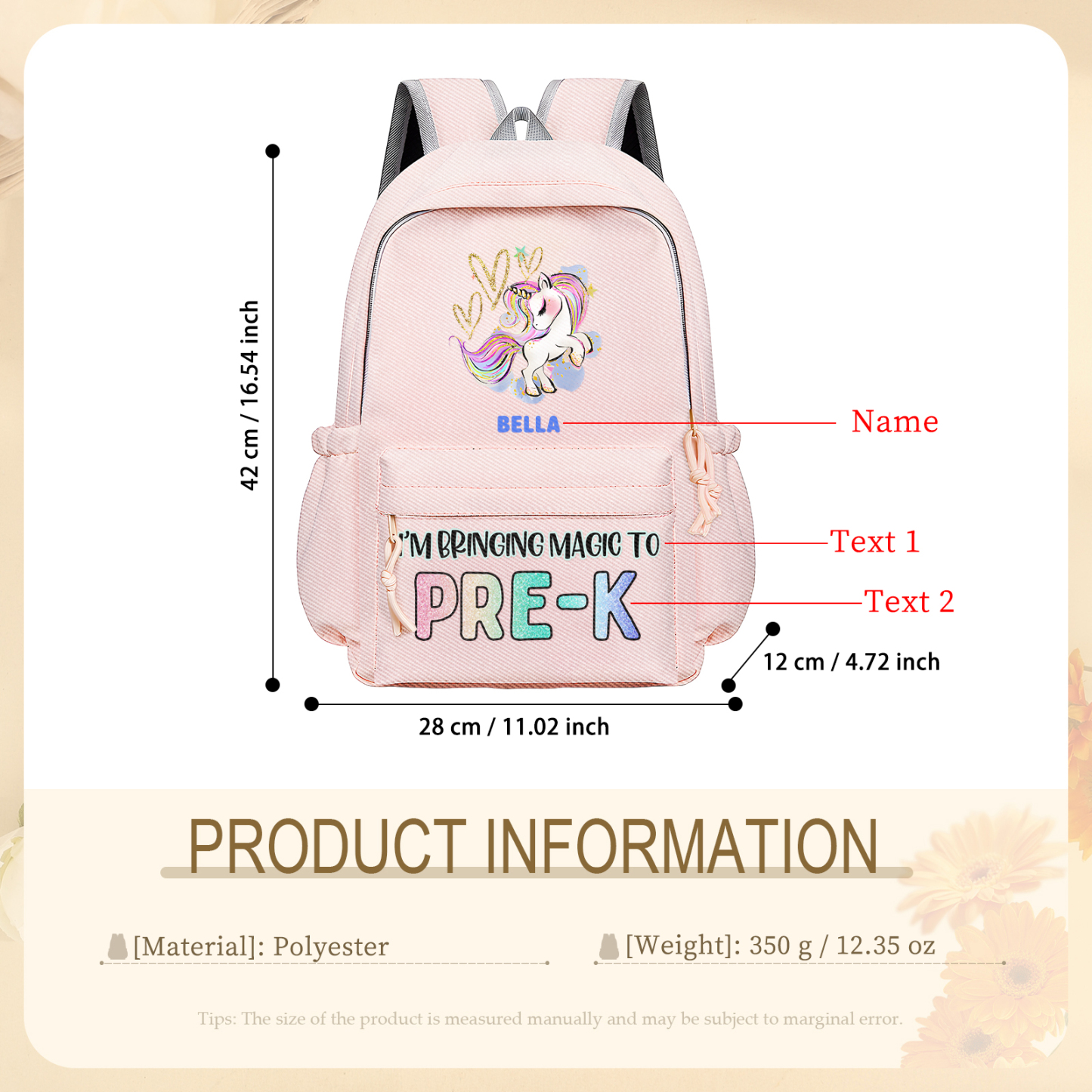 Personalisierte Name & Texte Rucksack Schüler Schultasche in 3 Farbe mit Pony