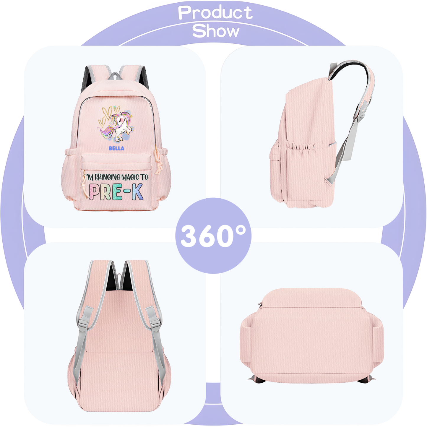 Personalisierte Name & Texte Rucksack Schüler Schultasche in 3 Farbe mit Pony