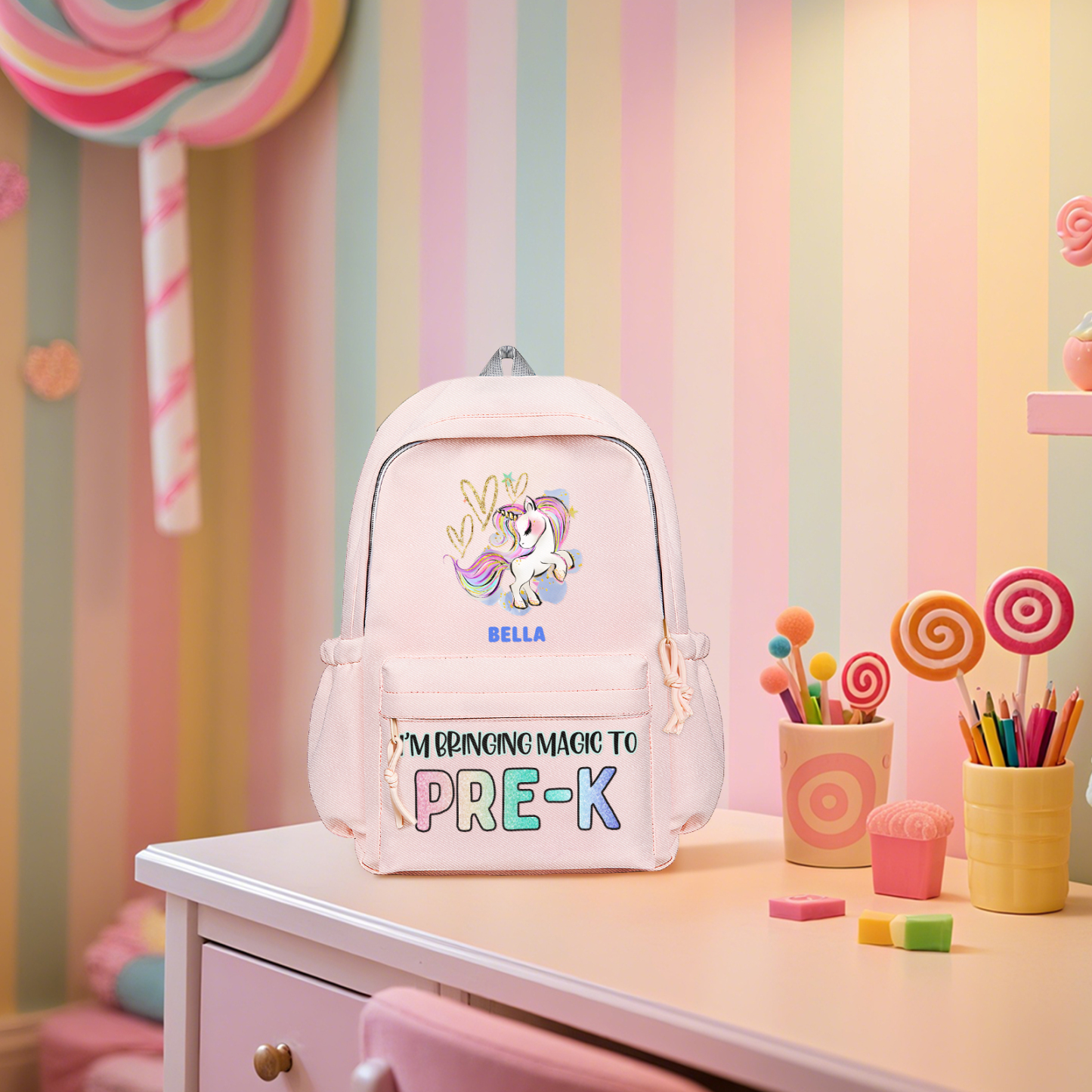 Personalisierte Name & Texte Rucksack Schüler Schultasche in 3 Farbe mit Pony