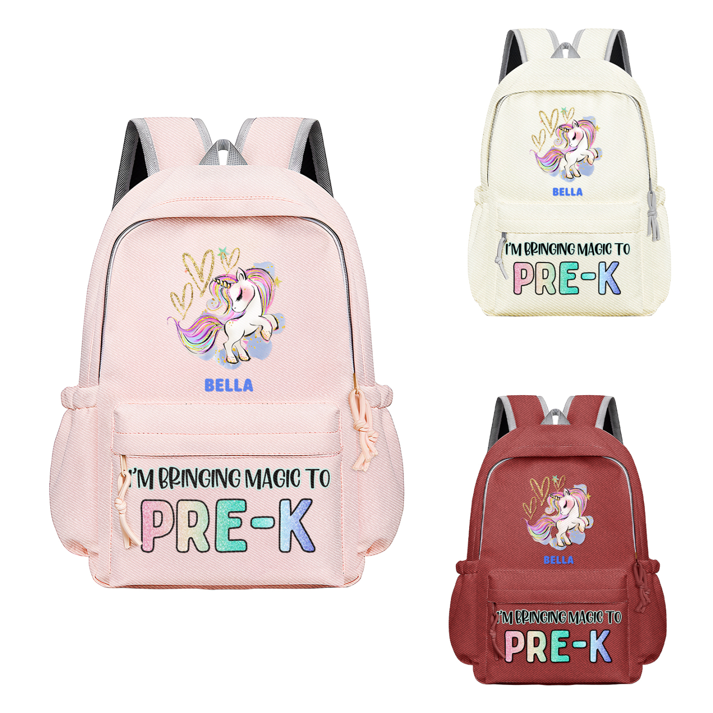 Personalisierte Name & Texte Rucksack Schüler Schultasche in 3 Farbe mit Pony