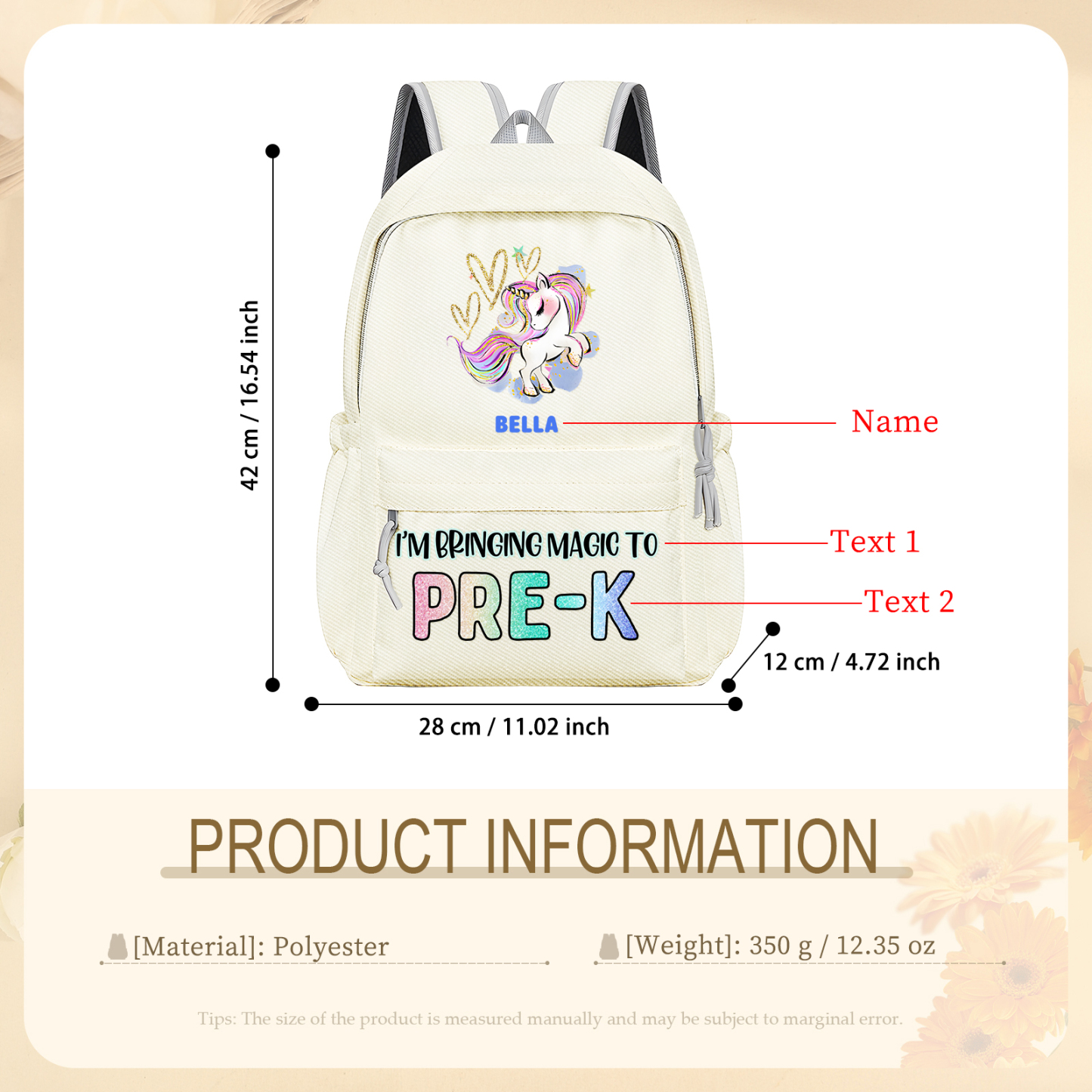 Personalisierte Name & Texte Rucksack Schüler Schultasche in 3 Farbe mit Pony