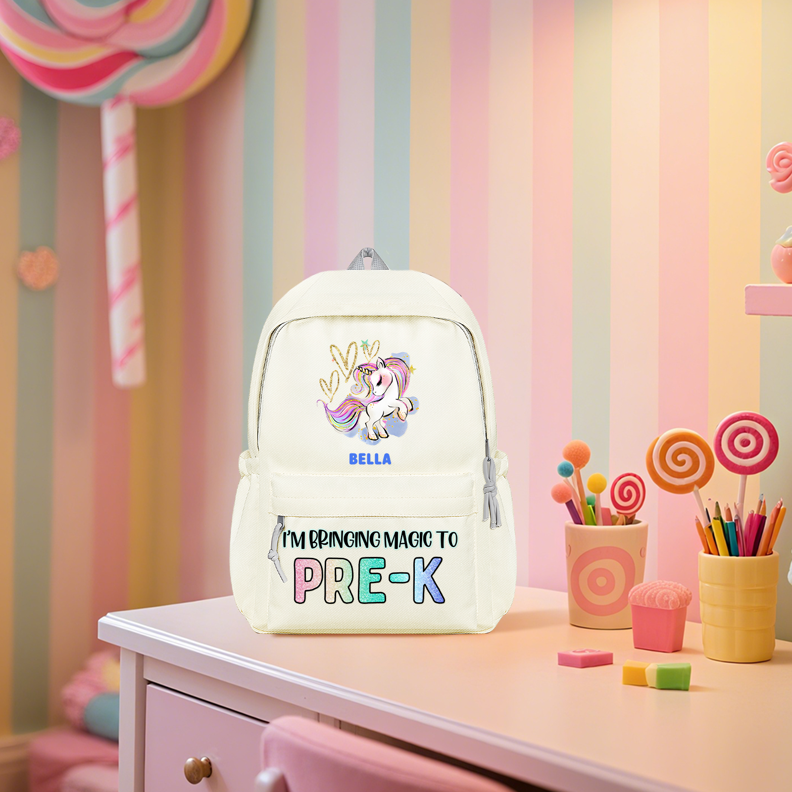 Personalisierte Name & Texte Rucksack Schüler Schultasche in 3 Farbe mit Pony
