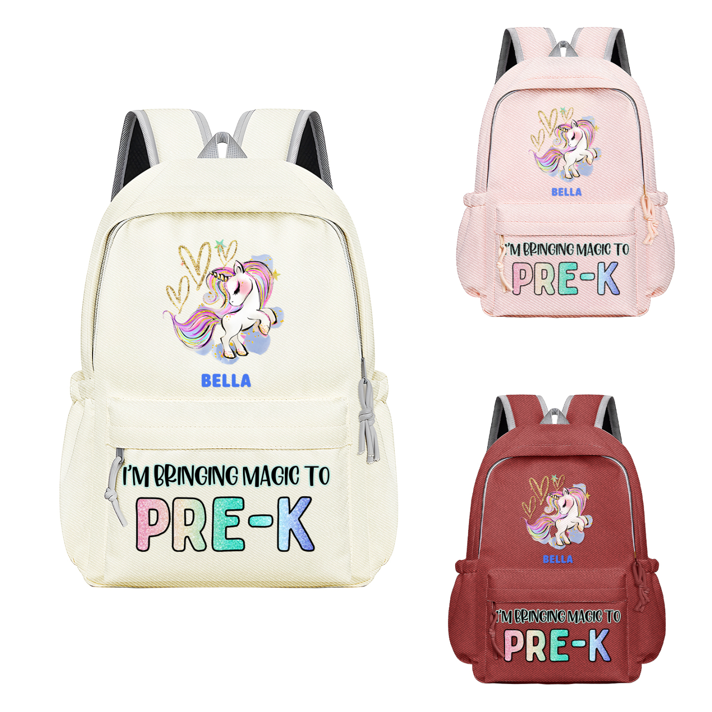 Personalisierte Name & Texte Rucksack Schüler Schultasche in 3 Farbe mit Pony
