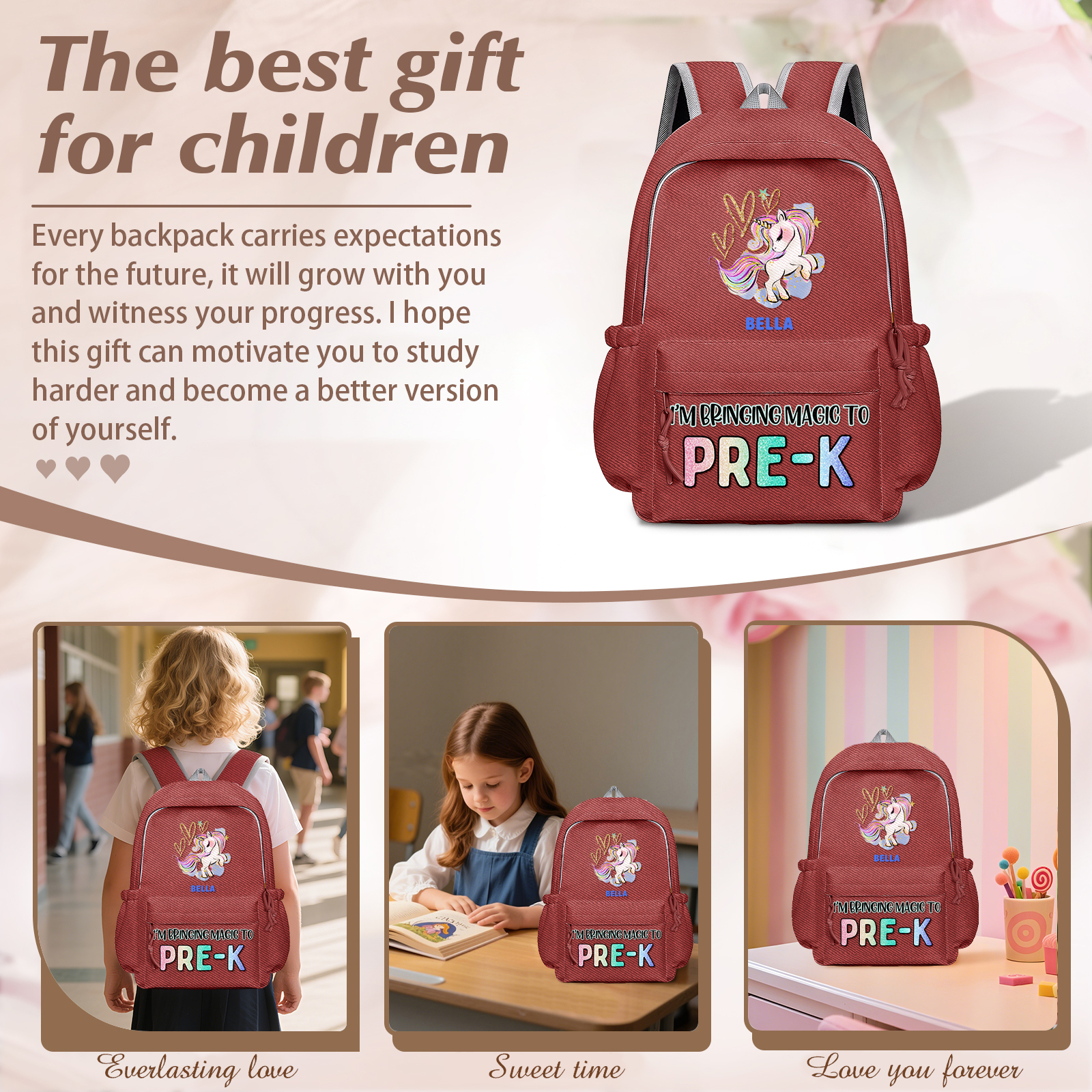 Personalisierte Name & Texte Rucksack Schüler Schultasche in 3 Farbe mit Pony