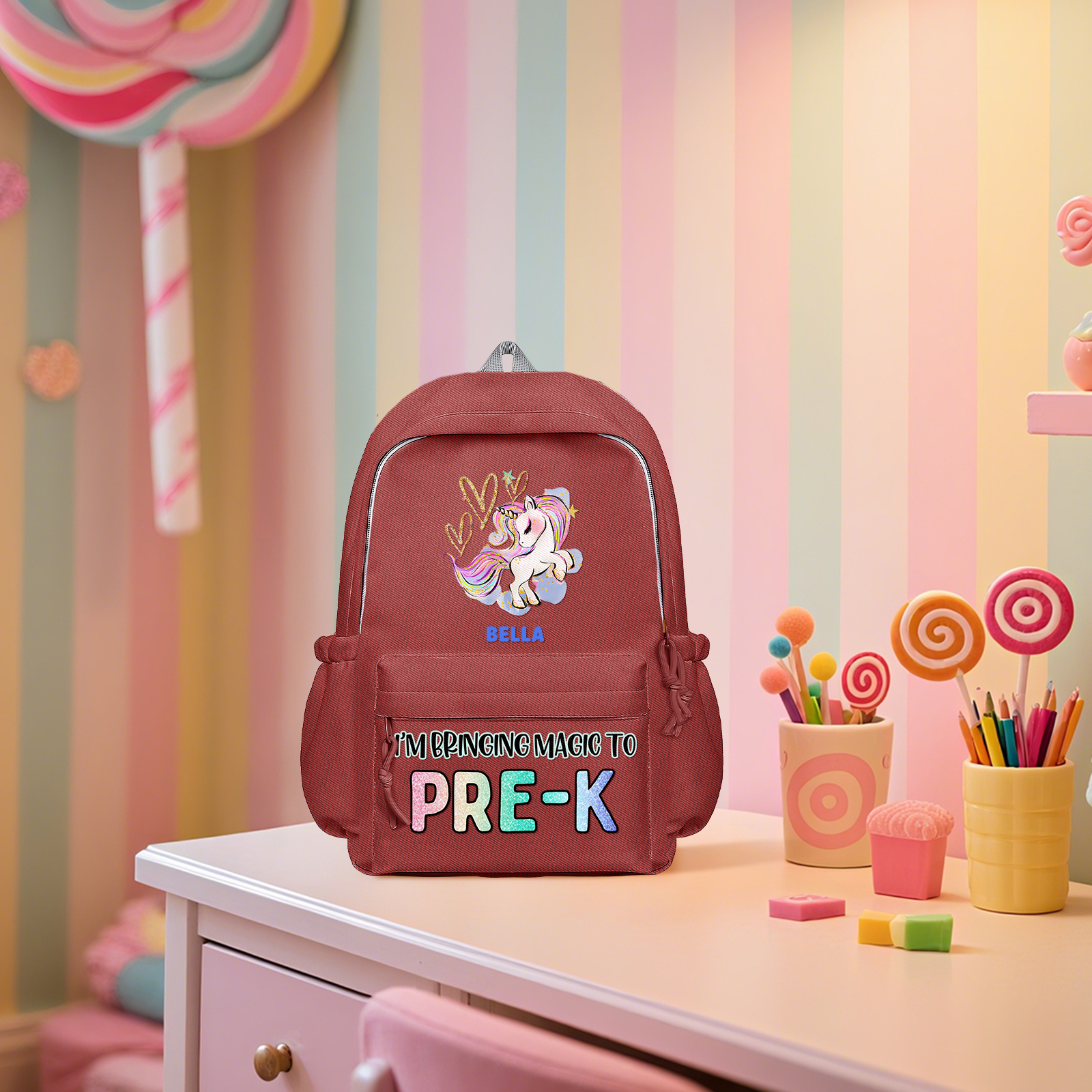 Personalisierte Name & Texte Rucksack Schüler Schultasche in 3 Farbe mit Pony