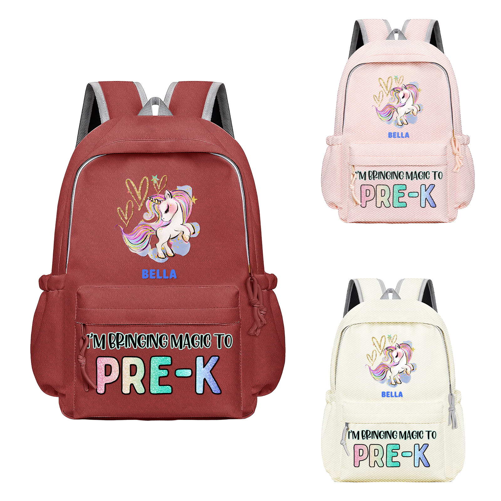 Personalisierte Name & Texte Rucksack Schüler Schultasche in 3 Farbe mit Pony