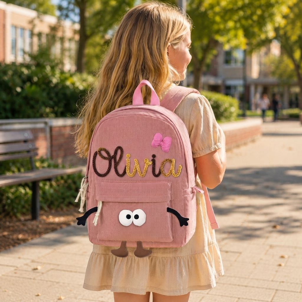 Personalisierter Kinderrucksack mit Namen aus Cord mit lustigem Comic-Gesicht als Geschenk für Kinder
